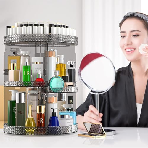 Makeup Organizer 360 Rotating Cosmetic Organizer, 2PCS DIY Adjustable Makeup Carousel Spinning Holder Rack, Large Capacity Cosmetic Display Cases Vanity Countertop Fits Makeup Brushes Lipsticks (Grey)