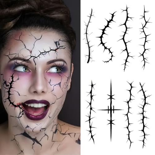 16 Sheets Black Stitch Scar Face Tattoos, Fake Stitch Scab Body Face Waterproof Temporary Tattoo Stickers for Halloween Masquerade Makeup Supplies