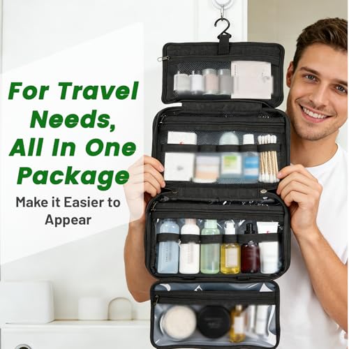 4-Layer Foldable Hanging Toiletry Bag ? Large Capacity Travel Organizer with Dry-Wet Separation, Portable Toiletry Kit for 3-5 People (Black)