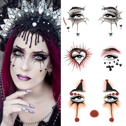 10 Pcs Horror Halloween Face Makeup Tattoos Stickers Clown Demon Ghost Vampire Spider Web Eye Shadow Temporary Stickers Scary Fake Eyeshadow Tattoos for Halloween Carnival Day of Dead Party Decoration