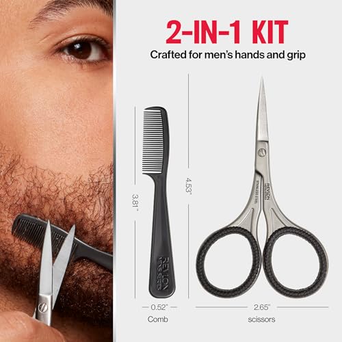 Revlon Men's Beard Grooming Kit, Mustache Trimming Scissors and Facial Hair Comb, Travel Essentials, Stainless Steel Blade, 1 pack