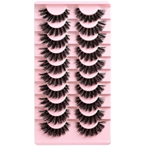 Lashes False Wispy Eyelashes Natural Volume Cat Eye Lash Strips Thick Fake Mink Eyelash Pack Natural Looking Fluffy Full Strip Lashes Set Clear Band Easy Eyelashes for Beginners