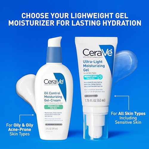 CeraVe Ultra-Light Moisturizing Gel, Hydrating Gel Face Moisturizer For Men & For Women with Ceramides, Niacinamide, Hyaluronic Acid, Fragrance Free, Oil-Free, Mattifying Moisturizer, 1.75 FL Oz