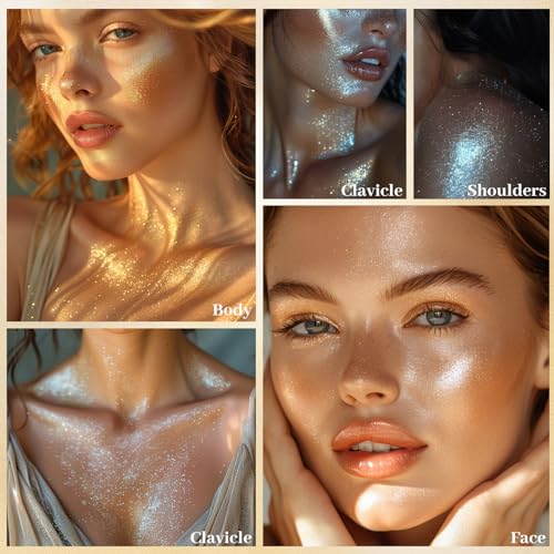UCANBE 3 Pcs Face Body Glitter Liquid Highlighter Illuminator Dewy Drops with Makeup Brush, Makeup Sparkle Shine Luminizer Enhancer Body Shimmer Tint 50ml/1.69oz x 3 (3Pcs, Standard)