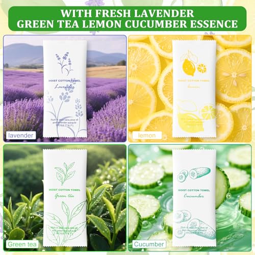 Moist Cotton Towel Bulk Moist Towelettes Individually Wrapped,White Towel Services,Refreshment Pre Moistened Towels for Dentist Travel Sport Party Hotel 240£¬Lavender,Green tea, Lemon and Cucumber