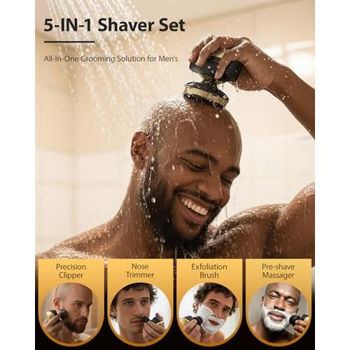 2026 NEW Head Shaver for Bald Men - Trimcoo 5-in-1 Magnetic Electric Trimmer with Titanium Blades | Gentle on Sensitive Scalp | IPX7 Waterproof, Powerful 8500 RPM, USB-C Charge & LED Display (Gold)