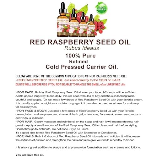 Botanical Beauty Red Raspberry Seed Oil 100% Pure Natural Undiluted Refined Cold Pressed Carrier Oil 0.5 Fl Oz - 15 ml for Face, Skin, Hair, Lips, Nails. Rich in Vitamin C, Vitamin E