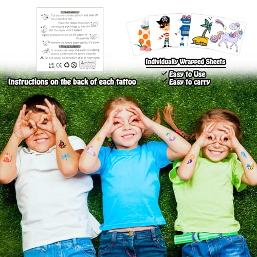 Partywind Kids Temporary Tattoos, 204 PCS Fake Tattoo Stickers for Kids Party Supplies Favors Decorations, Surprise Birthday Goodie Bag Stuffers (Individually Wrapped)
