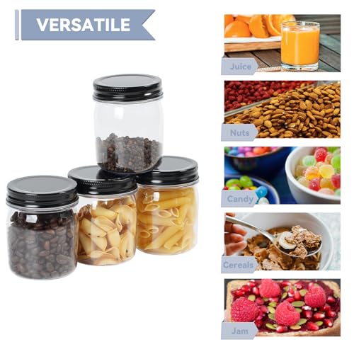 novelinks 8 oz Clear Plastic Jars with Airtight Lids, 24 Pack Plastic Mason Jars with Lids 8oz, Refillable Storage Slime Containers & Small Spice Jar for Kitchen Organization (24 Pack,Black)