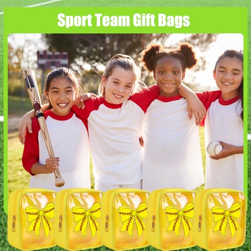 JarThenaAMCS 12Pcs Softball Bow Clear Makeup Bags Yellow Red Plastic Cosmetic Bags Waterproof Toiletry Travel Pouch for Sport Team Party Favor Supplies
