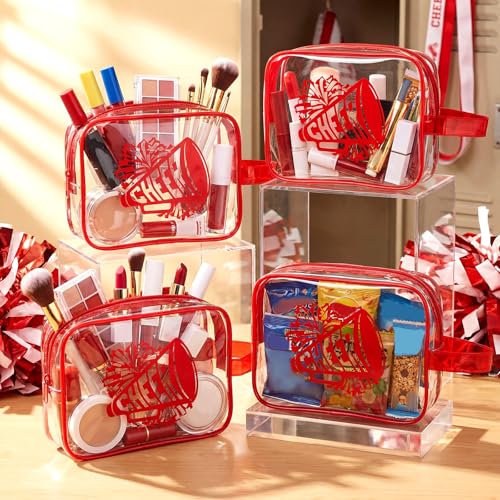 Kacctyen 12 Pcs Cheer Makeup Bag Cheer Gifts Bulk for Team 7 x 5.5 x 1.8 '' Cosmetic Bag with Handle Cheerleader PVC Makeup Case Clear Toiletry Zipper Pouch for Cheerleading Party Supplies, Red