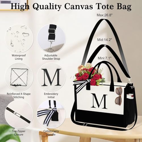 YOOLIFE Gifts for Women - Initial Canvas Tote Bag & Makeup Bag, Birthday Gifts for Women Mom Sister Friends