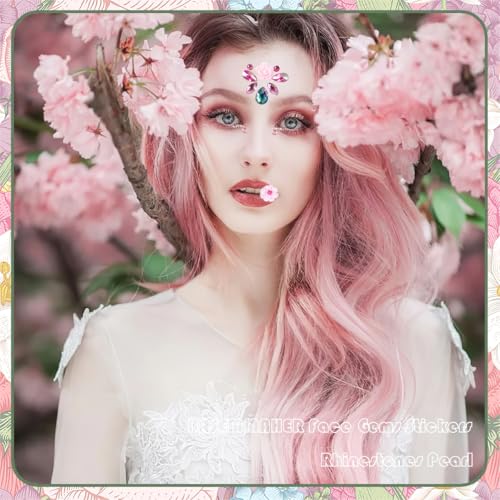 17Pcs Face Eyes Gems Tattoo Stickers 3D Flowers Rhinestone Crystal Pearl Mermaid Diamond Forehead Sticker Glitter Self Adhesive Eyeliner Makeup Decals for Women Girls Rave Festival Party
