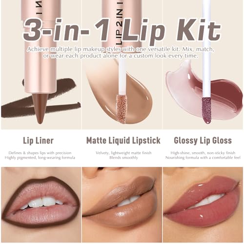 Lip Liner and Gloss Set, 2 in 1 Lip Duo Brown Lip Liner Pencil Nude Liquid Lipstick with Nourishing Lip Gloss Smooth Plumping Lip Kit High Shine High Pigmented Lip Combo Makeup for Women