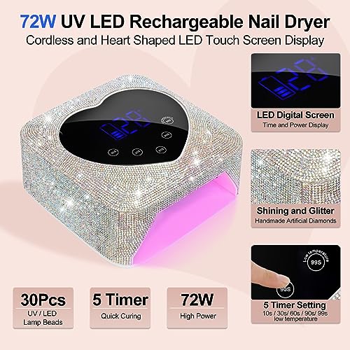 UV LED Nail Lamp Dryers 72W Rechargeable Cordless UV Light for Gel Nails,Sparkling Diamond Fast Curing Gel Polish Lamp with 5 Timer & Nail Kit,Auto Sensor,Manicure Art Drying Tools for Home Salon