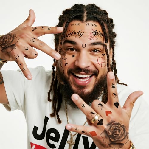 4-Sheet Rapper-Inspired Temporary Tattoos - Face & Body Hip-Hop Tattoo Stickers for Men, Women and Kids - Waterproof Fake Tattoos for Cosplay, Halloween, and Parties