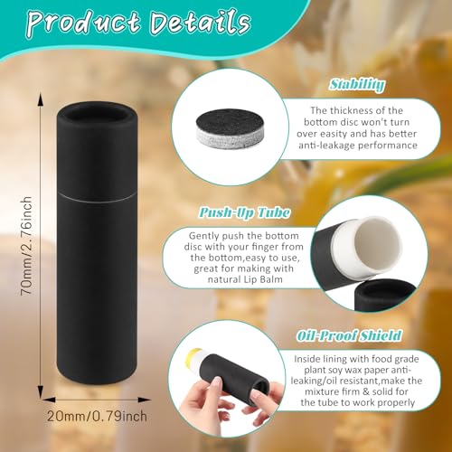 50 Pcs 0.3 oz Paperboard Lip Balm Tube,Empty Kraft Paper Chapstick Tube Holder,Push-Up Style Biodegradable Solid Perfume Lip Gloss Container for DIY Homemade Balm,Non-Plastic Container- Black