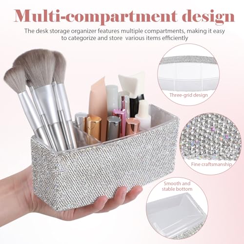TEHAUX Bling Makeup Organizer for Vanity with 3 Compartments Rectangular Cosmetic Storage Box for Desk Makeup Brushes Lipsticks - Elegant Rhinestone Design 2.87 X 7.28 X 2.87 Inches