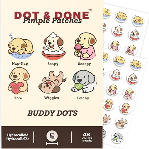 DOT & DONE Hydrocolloid Pimple Patches for Face, 48 Count 12 mm Round Acne Spot Dots with 6 Cute Dog Designs, Cute Pimple Patches for Teens & Adults, Day & Night Use, Buddy Dot Series