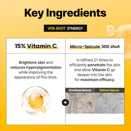 Cell Fusion C Toning C Vita Shot Ampoule, Brightening Vitamin C Serum for Face with Spicules, Zero Dark Spots & Glow Serum for Sensitive Skin, 20g / 0.7 oz.