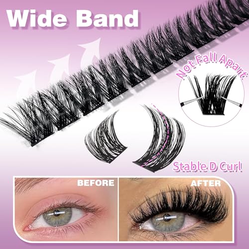 Lash Clusters 8-16mm Wispy Cluster Eyelash Extensions 143 PCS D Curly Volume Lash Clusters Wide Band Individual Lashes False Eyelashes DIY at Home Beginner Friendly, by Anforlin