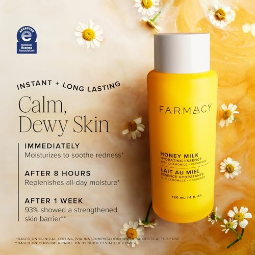 Farmacy Honey Milk Face Essence - Hydrating Milky Toner with Honey, Ceramides + Chamomile - Helps Strengthen Skin Barrier + Replenish Moisture - Soothing + Calming Skincare (120ml)