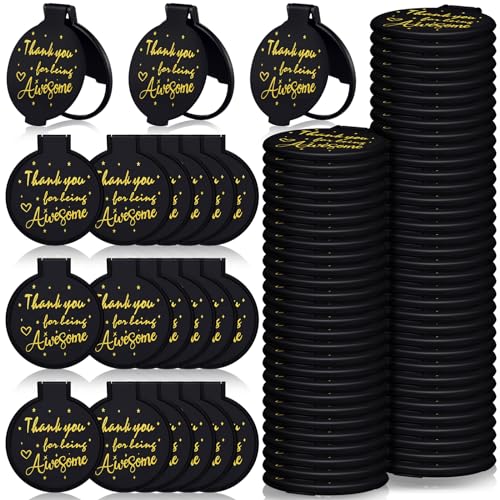Huwena 100 Pcs Compact Mirror Bulk Inspirational Pocket Small Round Portable Folding Makeup Purse Mirror Employee Appreciation Gifts for Christmas Women Girls Coworkers Travel(Black,Thank)