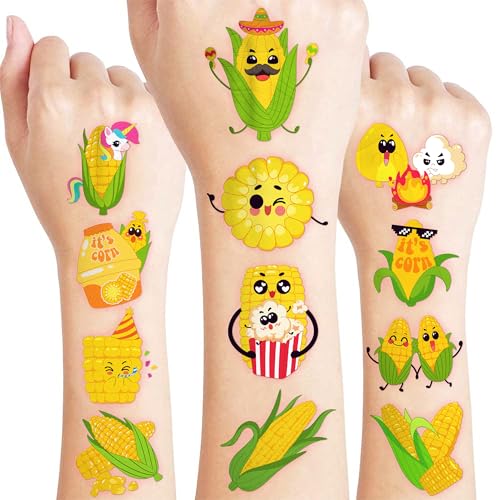 96 PCS Cute Corn on Cob Pre-Cut Temporary Tattoos for Kids | Super Cute Themed Birthday Party Favors, Supplies, Decorations, Fake Tattoo Stickers, School Rewards Prizes & Gifts For Boys & Girls