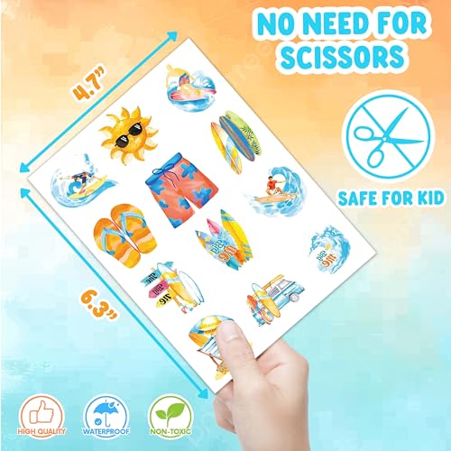 96PCS Surfboard Surf Pre - Cut Temporary Tattoos Stickers Theme Surf Up 1st Birthday Party Decorations for Baby Boy ? for Kids Party Favors, Summer Beach Pool Birthday Supplies, School Rewards