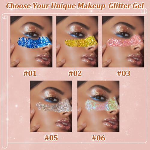 Boko 50ML Body Glitter Gel, Pink Chunky Glitter Gel for Face Hair Body Love Heart Makeup, Mermaid Face Glitter Sequins for Festival Music Concert Party Rave Accessories