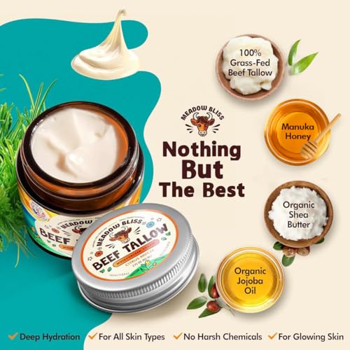 Beef Tallow for Skin - Moisturizer Cream - 100% Grass Fed - Whipped Beef Tallow - Manuka Honey - Organic Jojoba Oil, Shea Butter - Supports Eczema, Rosacea - USA - Fragrence Free - 4 oz