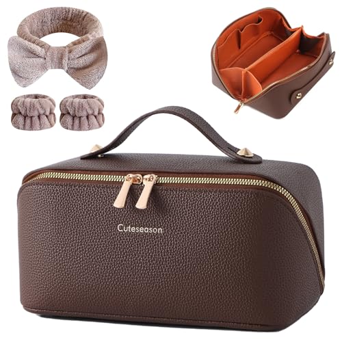 Structured Leather Makeup Bag for Women, Wide Opening Travel Cosmetic Case, Large Capacity Box Style Toiletry Organizer with Brush Compartment, Brown(Brown, Lychee Grain)