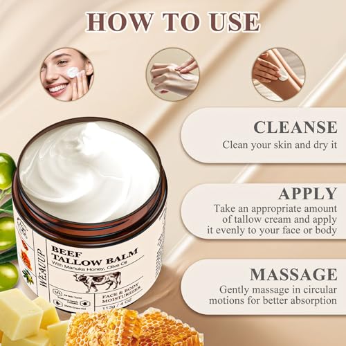 Beef Tallow for Skin, Organic Grass Fed Whipped Beef Tallow Balm, Tallow and Honey Balm with Raw Honey and Beeswax, Nourishing Moisturizer for Face & Body Natural Skin Care for Soft
