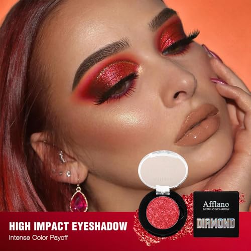 Red Glitter Eyeshadow, Highly Pigmented Shimmer Eyeshadow Red Eye Makeup, Bright Sparkly Fine Pressed Glitter Long Lasting Diamond Metallic Eye Shadow,Silky Waterproof Burgundy Goth Makeup/Highlighter