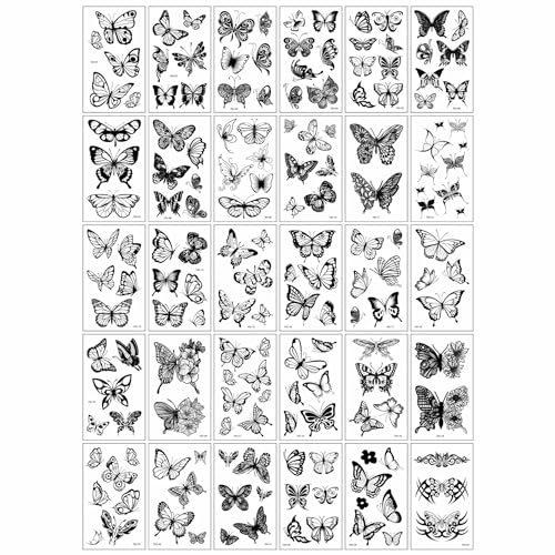 30 Sheets Butterfly Temporary Tattoos for Women Girls 3D Flower Sexy Fake Tattoo Stickers Waterproof Body Art Black Temp Tattoo Paper (Black Butterfly)
