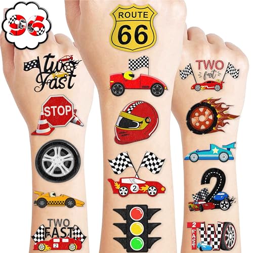 96 PCS Two Fast Race Car Pre-CutTemporary Tattoos Stickers Theme 2nd Birthday Party Decorations Favors Supplies Decor 2 Fast Racing Checkered Tattoo Sticker Gifts For Boys Girls School Prizes