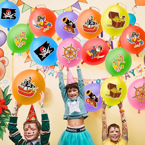72PCS Pirate Party Favors for Kids ? 48 Pre-Cut Temporary Tattoos & 24 Punch Balloons Themed Birthday Party Decorations Supplies Favors Gifts, Goodie Bag Fillers, Classroom Rewards