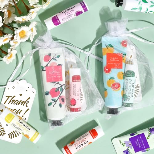 AZEN 100 Sets Bulk Gifts, Hand Cream and Lip Balm Bulk Set with Organza Bag Thank You Card, Baby Shower Wedding Gifts for Guests, Bridal Wedding Favors, Valentines Gift for Women