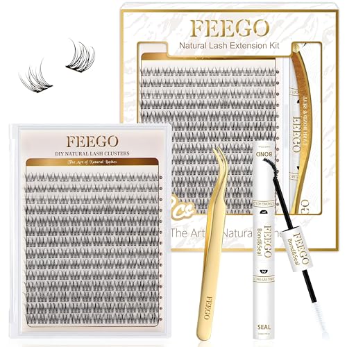 FEEGO Natural Lash Extension Kit 168Pcs Lash Clusters Kit Wispy Eyelash Extensions Individual Lashes Extensions with Bond and Seal Lash Glue and Eyelash Extension Tweezers DIY (9-12 MM)