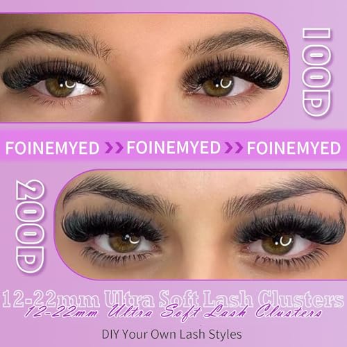 Lash Clusters Kit 100D+200D Thick Volume Eyelash Clusters Kit 12-22mm Long Cluster Lashes Eyelash Extensions Kit Individual Clusters Lashes Kit DIY at Home D Curly Lash Extension by FOINEMYED