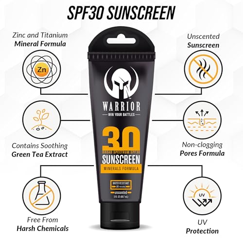 Warrior SPF 30 Sunscreen Lotion - Water Resistant, Reef Safe Lotion Sunscreen with Mineral Formula - Non-Toxic Sunscreen for Sensitive Skin - 3 OZ