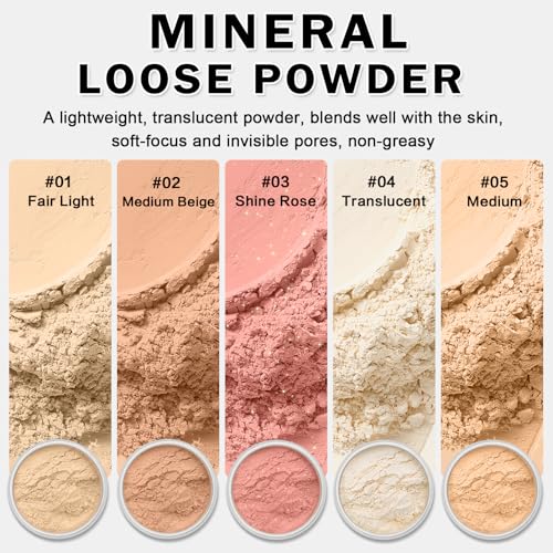 Mineral Powder Foundation, Loose Setting Powder Mineral Foundation Makeup, Lightweight Buildable Coverage for Face Natural Base Makeup 0.35 oz(01 Fair Light)