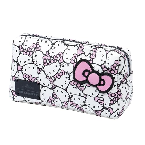 Impressions Vanity Hello Kitty Cosmetic Pouch with Waterproof Faux Leather, Zippered Bag For Travel Size Toiletries, Makeup Bag Organizer With Inside Pocket With Extra Slip Pocket (White/Pink)