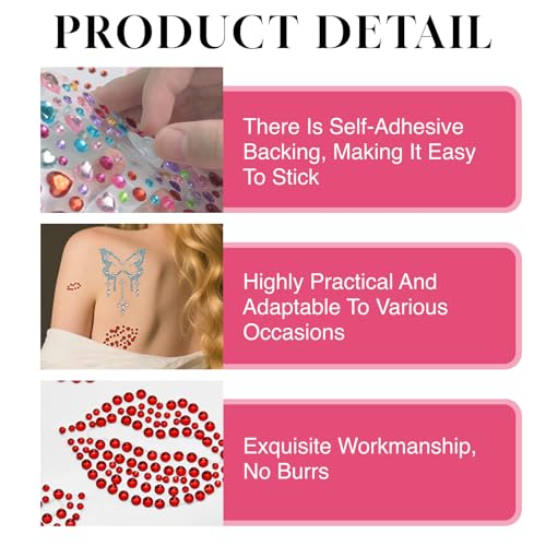 Red Face Gems Self-Adhesive Face Jewels, Red Lip Hair Gems & Festival Kiss Stickers, Face Rhinestone Stickers for Makeup, Eye, Hair, Body, Rave Accessories (Kids & Women)