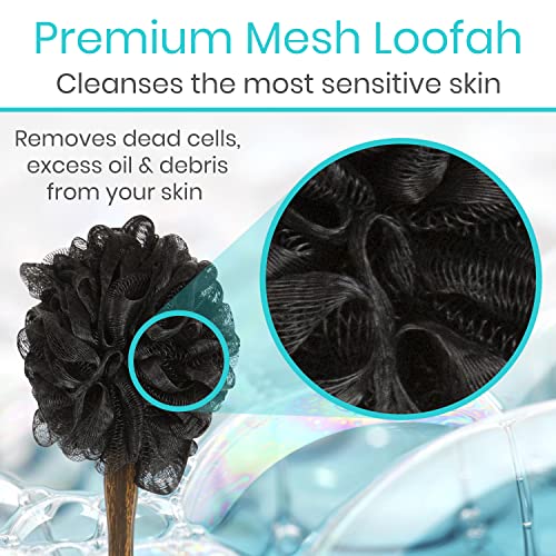 Vive 17¡± Shower Loofah with Long Handle - Exfoliating Back & Body Scrubber for Men & Women - Luffa Sponge on a Stick for Bathing, Cleaning - Includes Extra Handheld Lufa, Hook & String to Hang on Wall