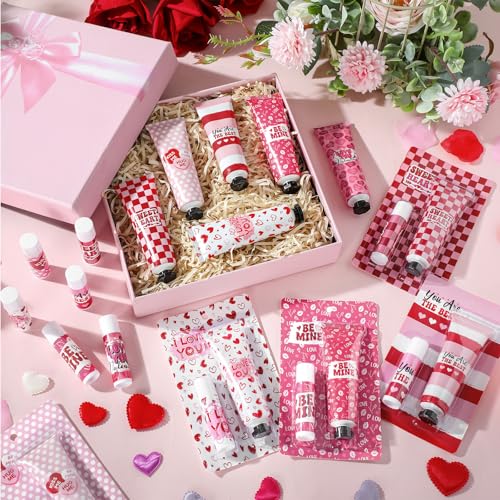 Loopeer 48 Sets Valentine's Day Hand Cream Lip Balm Gifts Bulk Galentine's Day Gift Valentine Party Favor Moisturizing Heart Hand Lotion Bulk Mini Dry Cracked Care Cream for Women Teacher Coworker