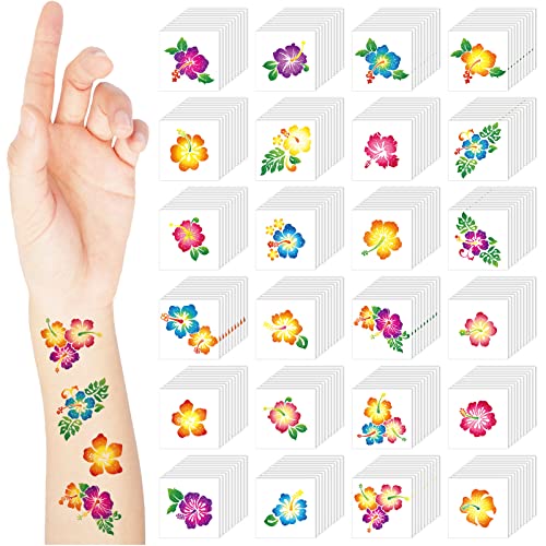 Nosiny 240 Pcs Hibiscus Glitter Tattoos Hawaiian Temporary Tattoos Flower Luau Stickers Summer Decal Stickers Tropical for Women Men Body Face Hawaiian Themed Party