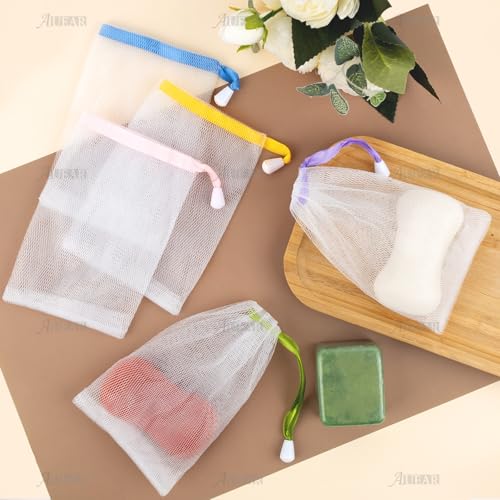 AUEAR, 20 Pack Handmade Soap Exfoliating Mesh Pouch Saver Bag Double Layer Bubble Foam Net Drawstring Holder (Assorted Colors)
