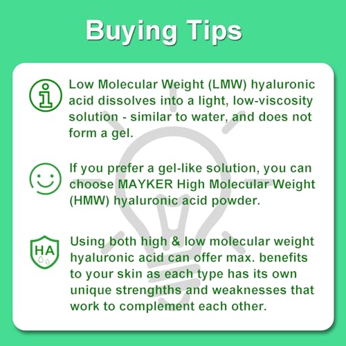MAYKER Pure Hyaluronic Acid Powder, 0.7 oz | Low Molecular Weight, Cosmetic Grade | For DIY Serums, Creams, Moisturizers | Clear, Watery Texture After Fully Dissolved