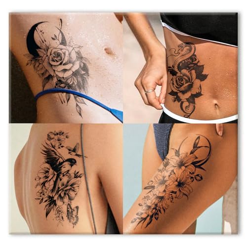2 Sheets Semi Permanent Tattoos, Temporary Tattoo for Women, Lasts 7-15 Days Water-Resistant Fake Tattoo Stickers, Realistic Flower Design for Party (7.5x4.8 in), Non-Reflective & Safe for Skin